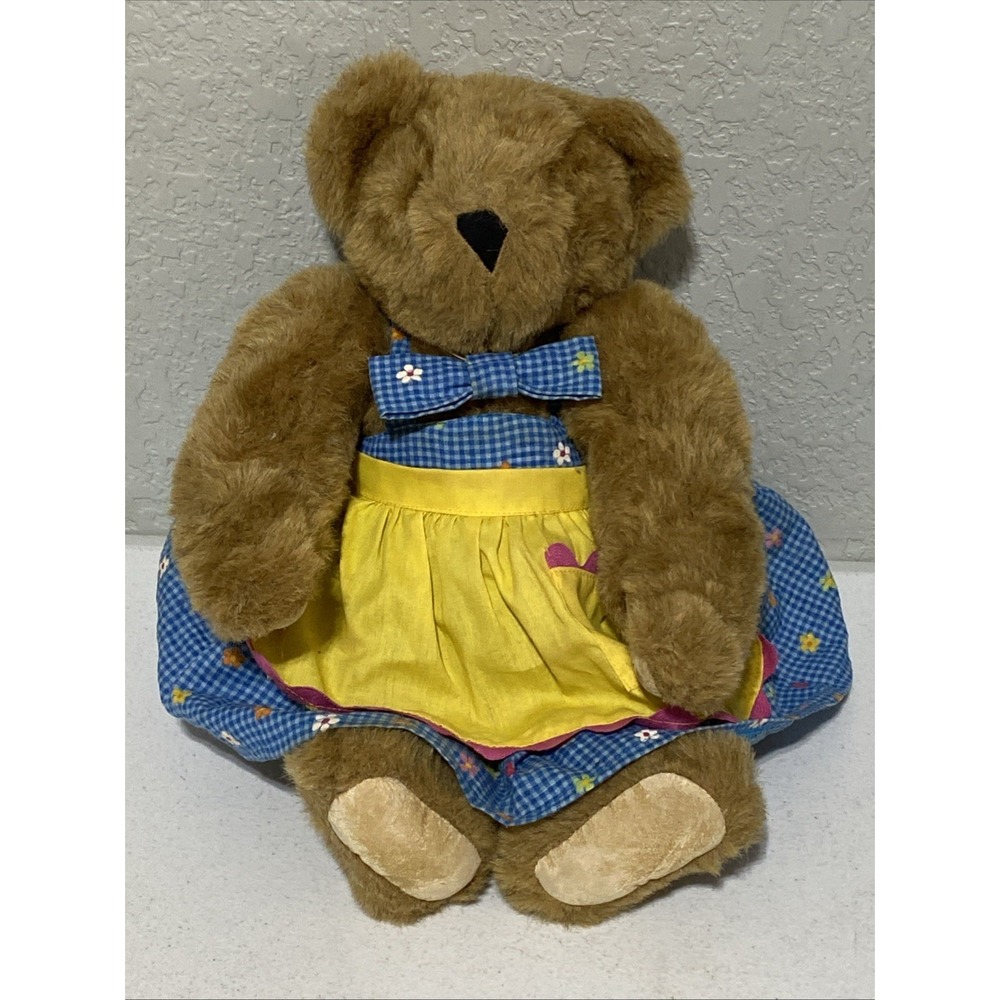 Vermont Teddy Bear Company Jointed Original Blue Yellow Gingham Dress Retired
